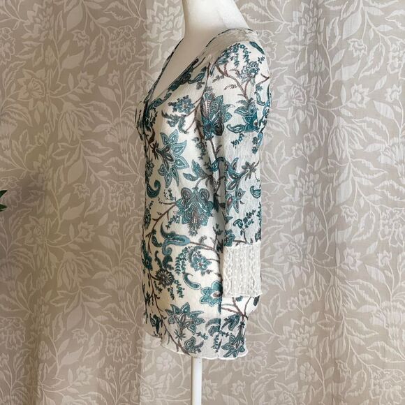 Talia Kume Green & White Paisley Mesh Sheer Henley Top Whimsygoth Grunge Size 8 - Picture 7 of 8